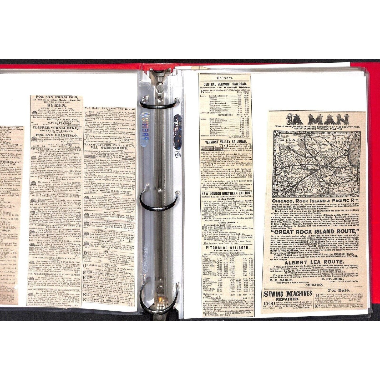 Binder of 140+ Mostly 1851 Railroad & Steam Boat Schedule Newspaper Clippings
