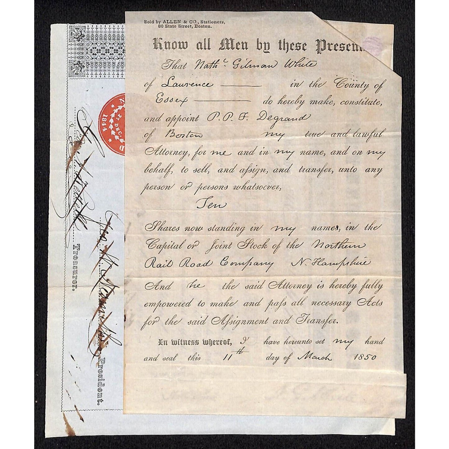 1850 Northern Railroad Stock Certificate w/ Affixed Power of Attorney Document