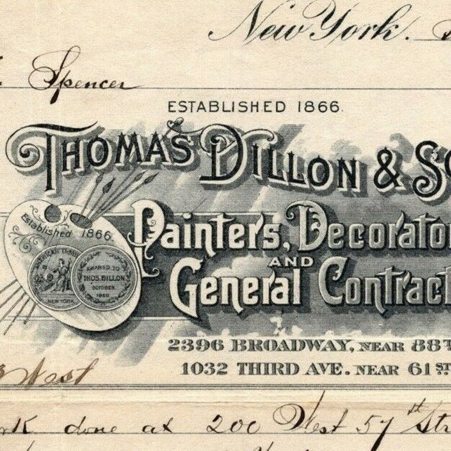 1915 Thomas Dillon & Son Painters Decorators Billhead Letterhead Broadway NYC