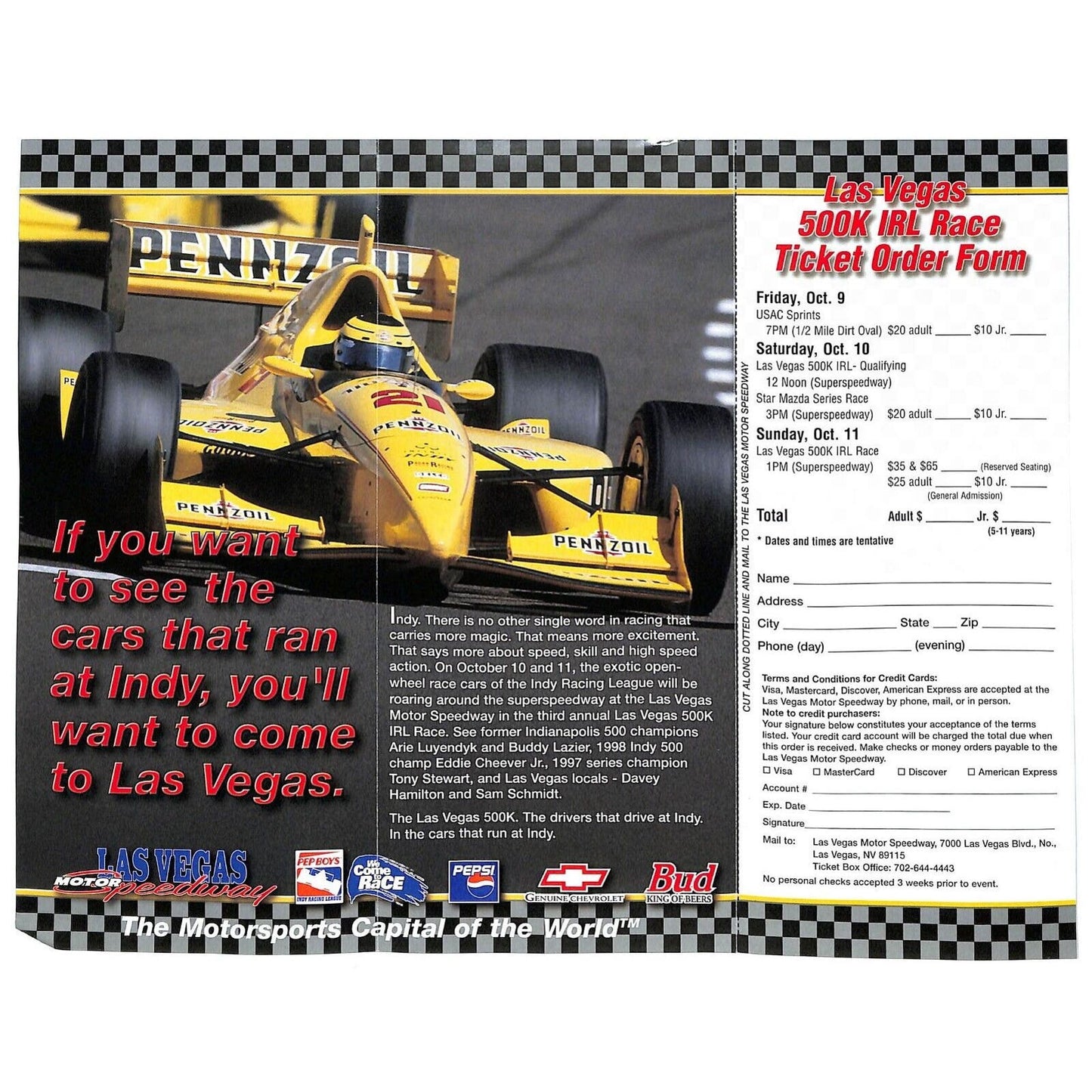 1998 Las Vegas Motor Speedway 500K IRL Race Info & Ticket Order Form Sheet