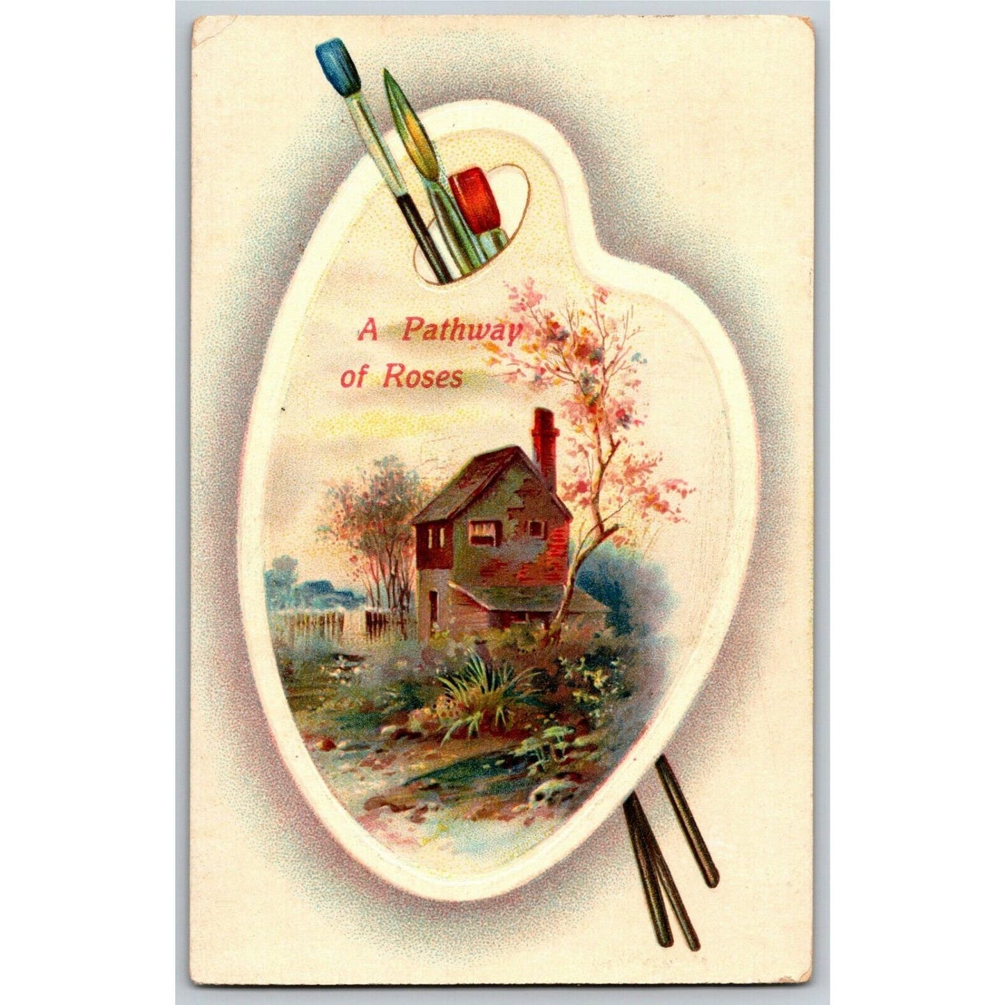 c1910 "A Pathway of Roses" Artist Palette Greeting Card - Vintage Postcard