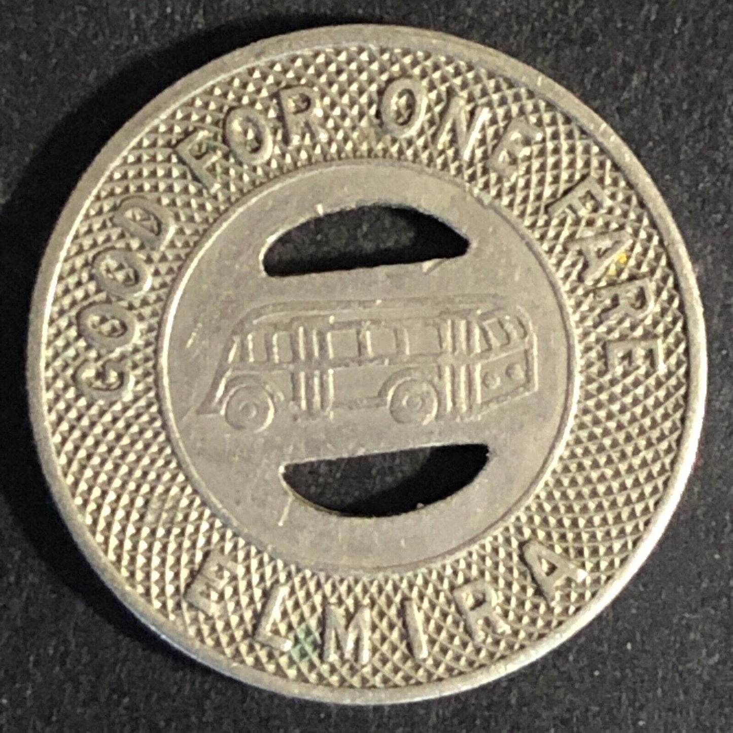N. Y. S. E. & G. Corp. Elmira (NY) WM G/F One Fare Transit Token 21mm - c1946