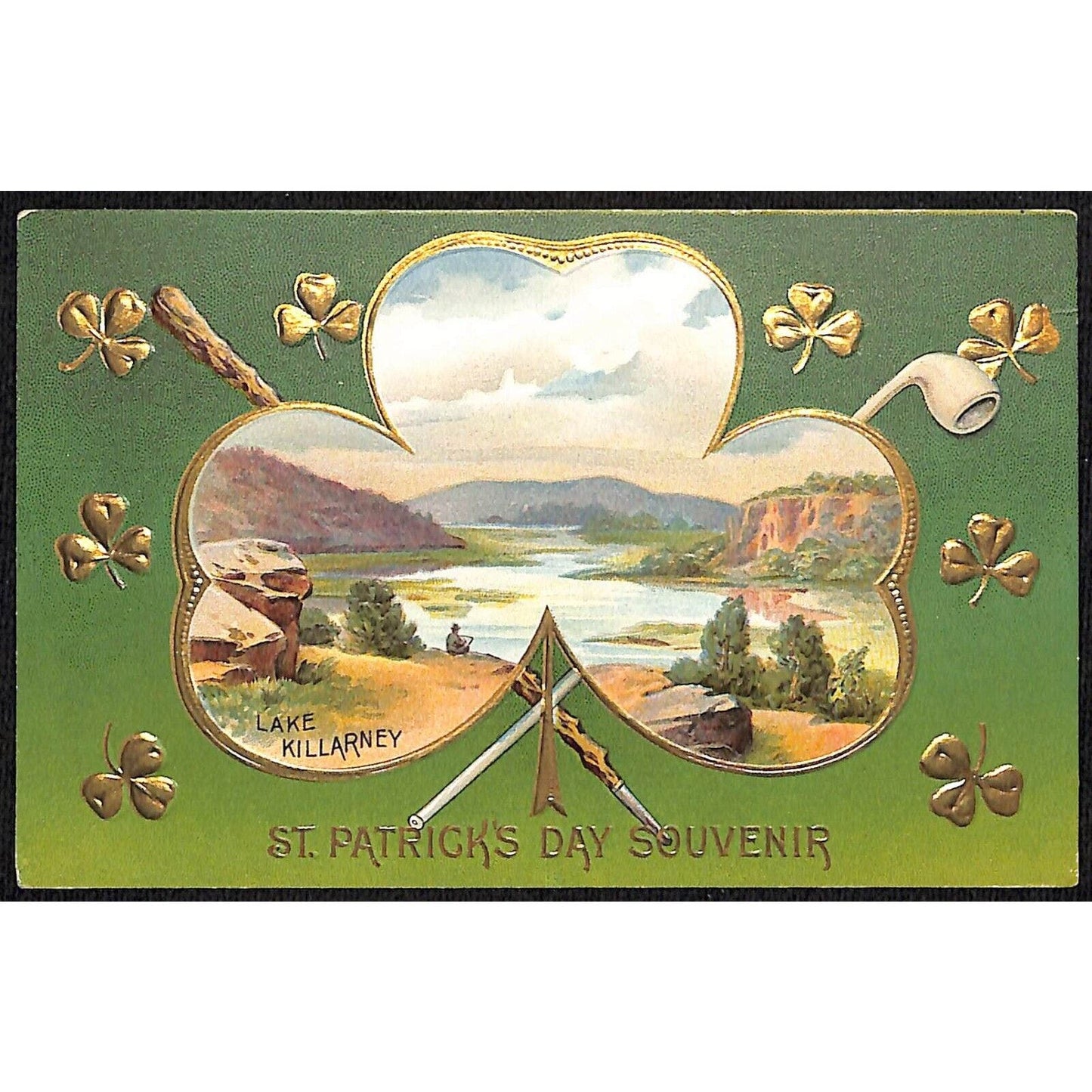 St. Patrick's Day Postcard Clay Pipes Clovers Emboss w/ Gilt NP c1909-1915