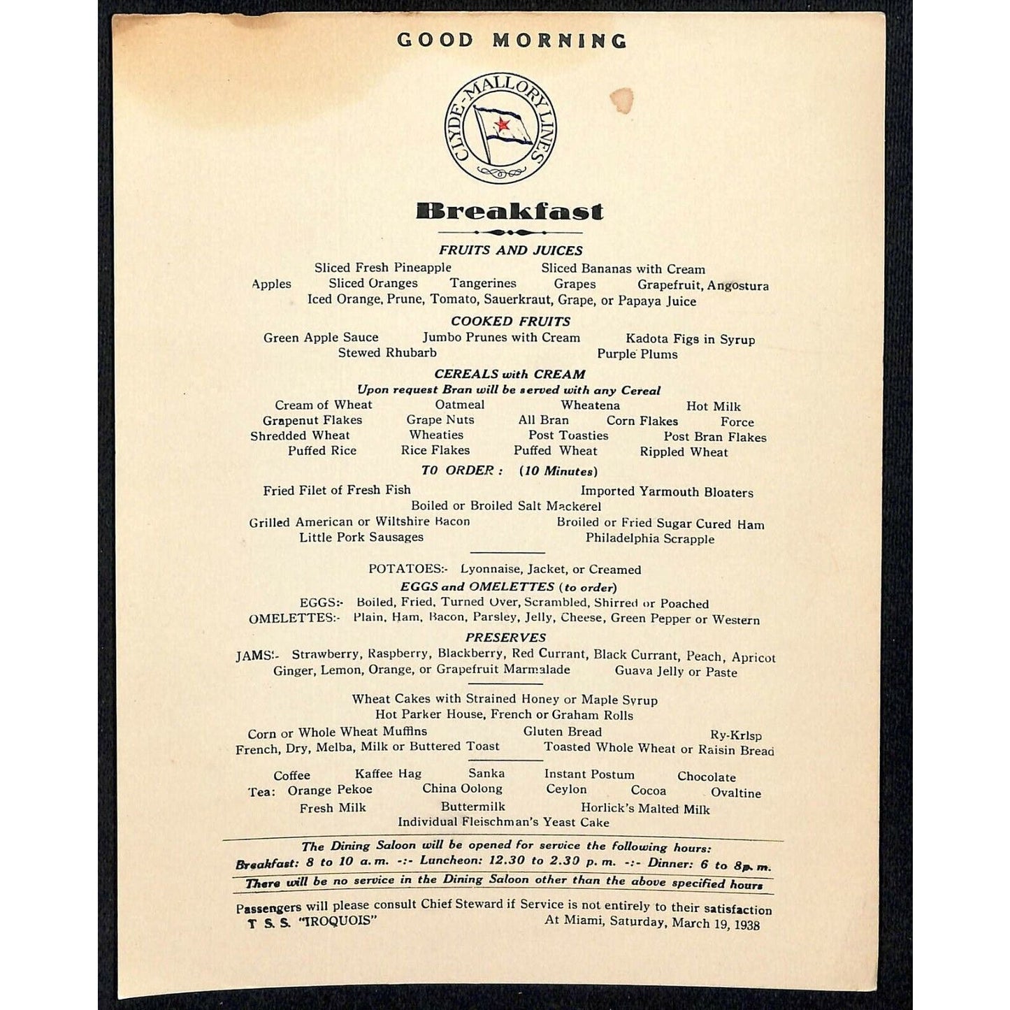 1938 Clyde-Mallory Iroquois Cruise Line Mar 19 Breakfast Menu