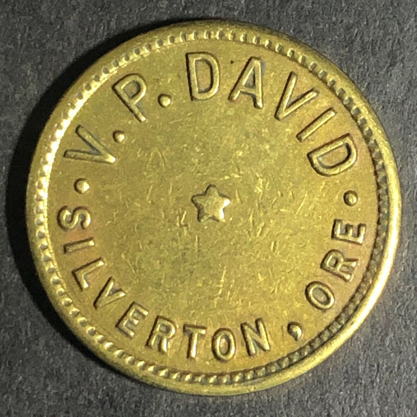 V.P. David - Silverton, ORE Brass "For Amusement Only" Trade Token 20mm