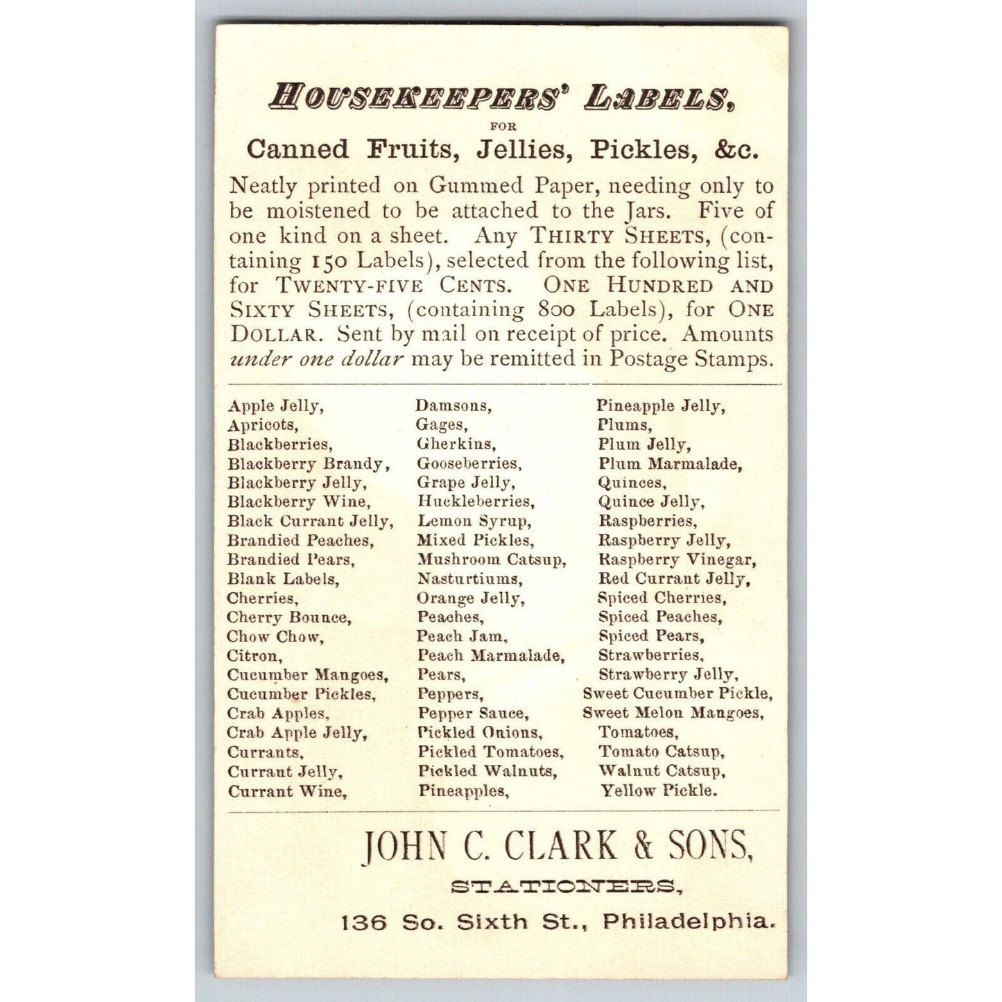 John C. Clark Philadelphia Housekeeping Labels Victorian Trade Card Pickles