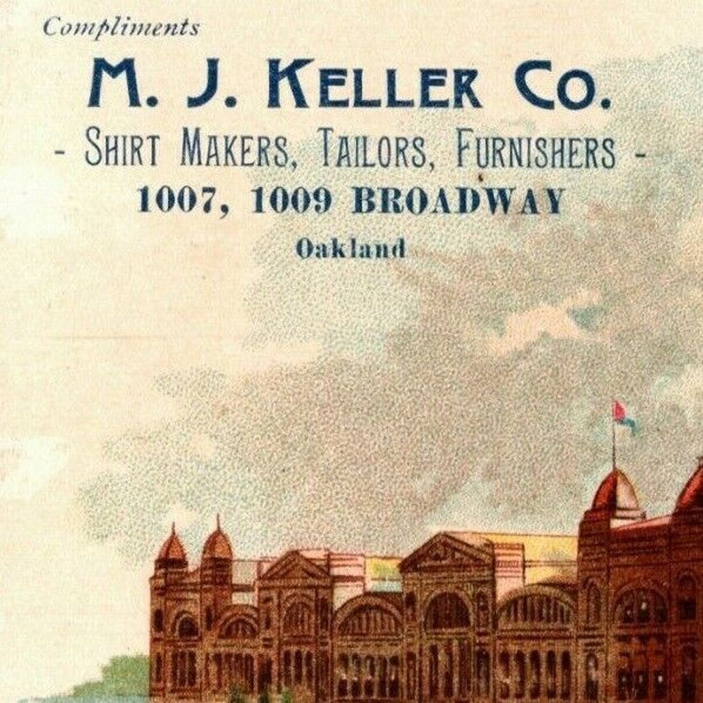 1893 Chicago Fair Trade Card M. J. Keller Co. Shirt Makers Tailors Oakland, CA