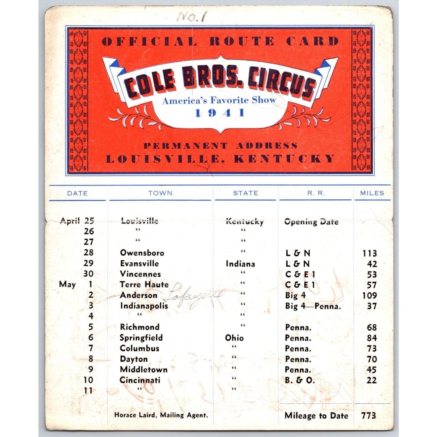 1941 Cole Bros Circus Route Card Kentucky Indiana Ohio