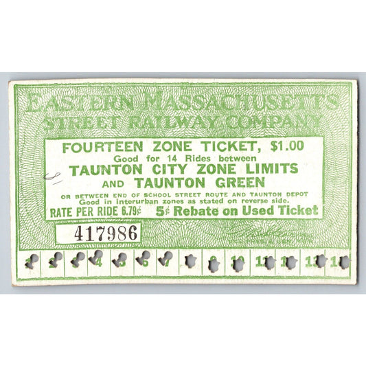 Eastern Massachusetts Street Railway Taunton c1919-33 14 Ride Ticket #417986