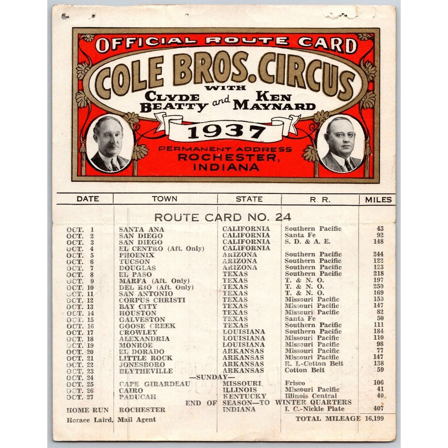 1937 Cole Bros with Clyde Beatty Ken Maynard Circus Route Card CA TX AZ LA AR MO
