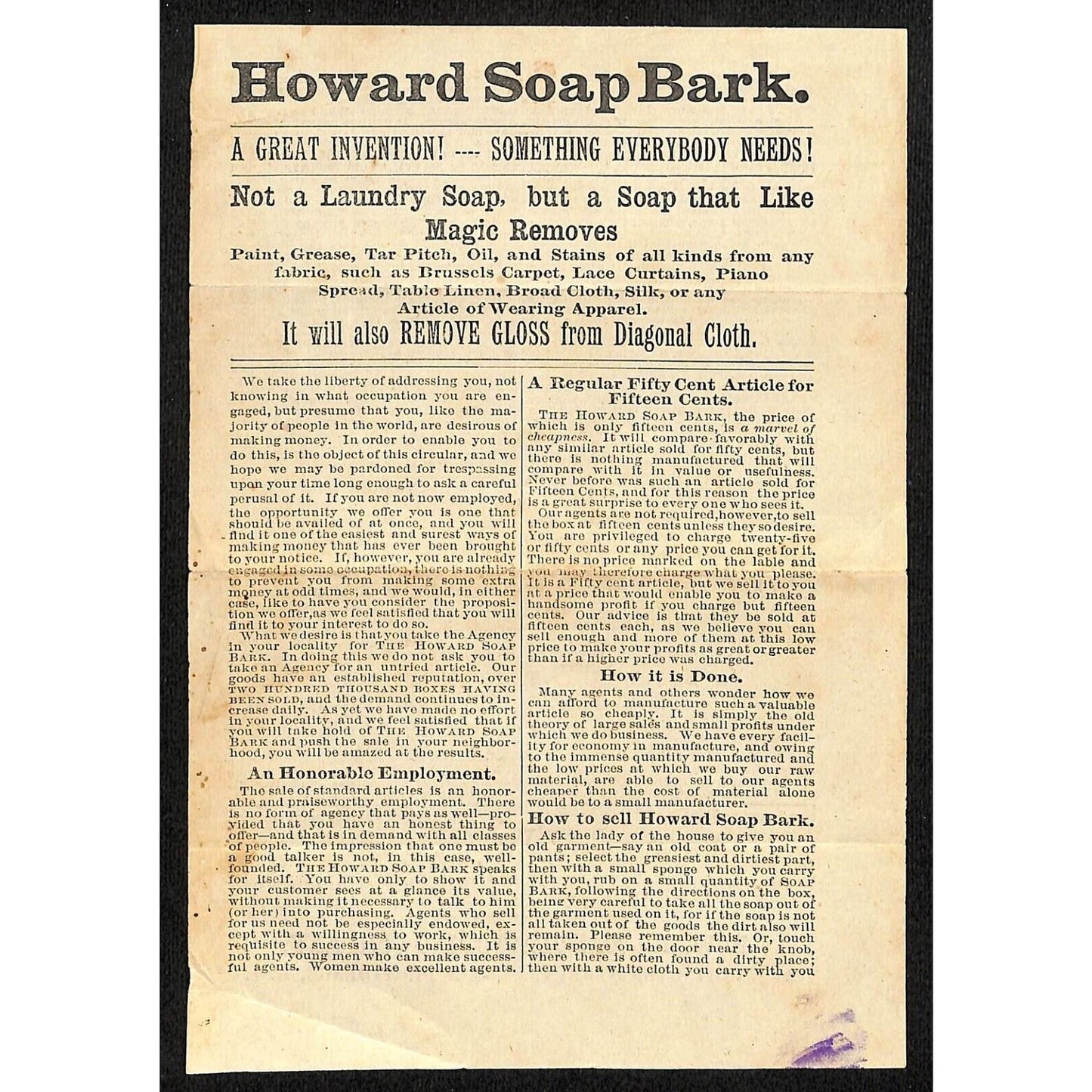 Providence, RI Howard Soap Bark Single Advertising Sheet c1890-1910 Very Scarce