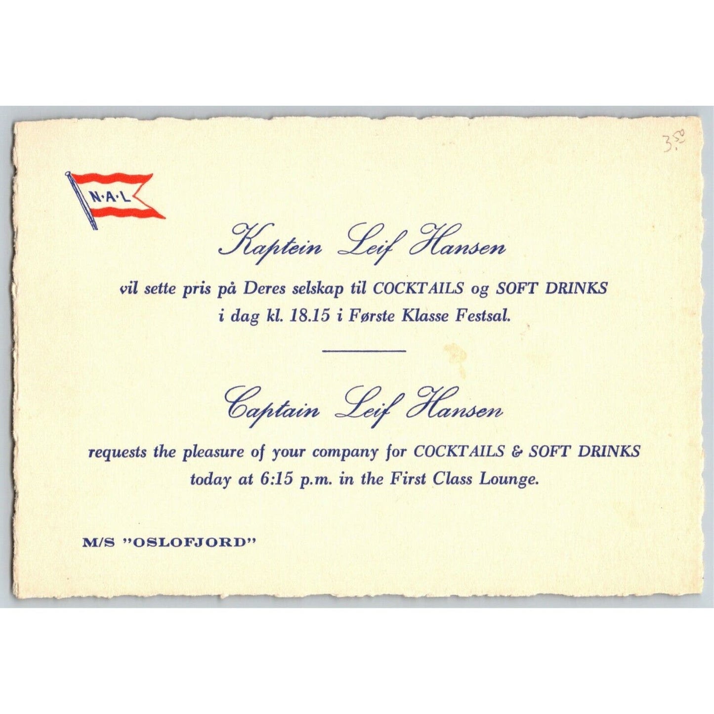 NAL Captain Leif Hansen M/S Oslofjord 1st Class Cocktail Invitation - EXC