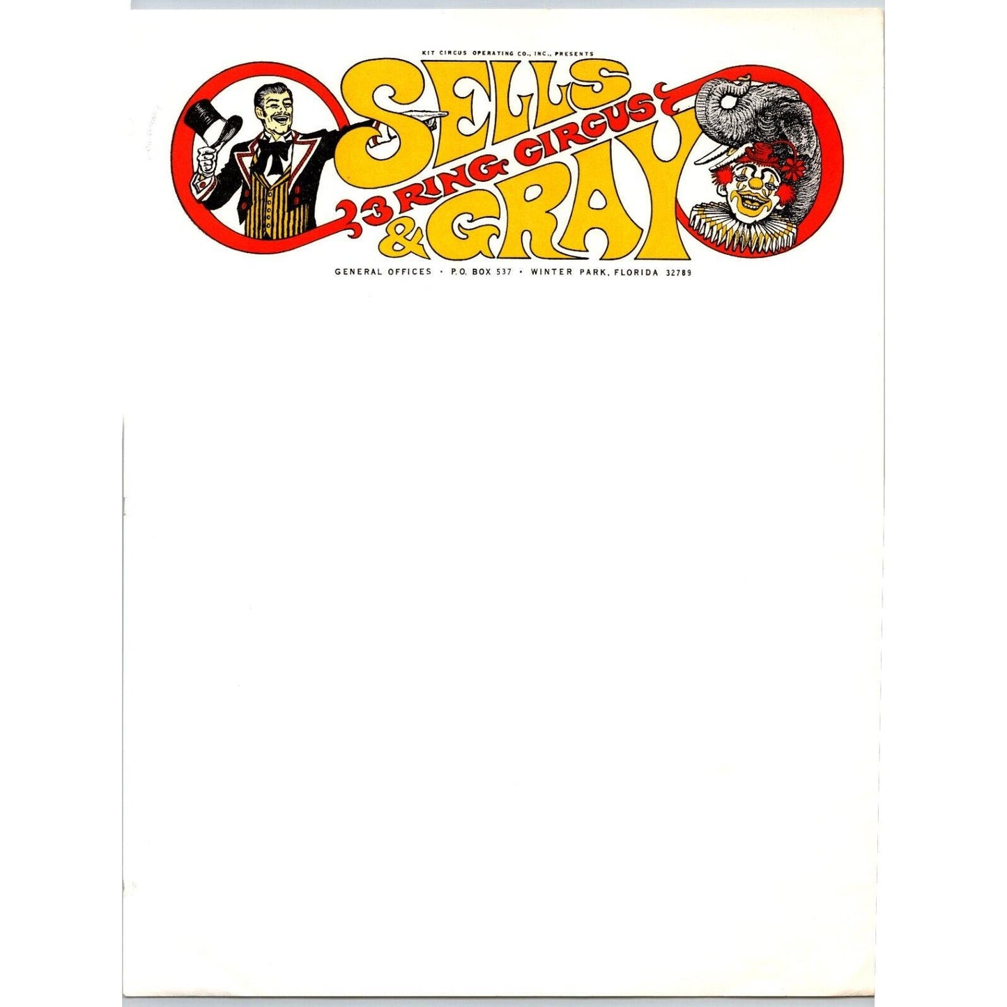 Sells 3 Ring Circus Letterhead 1973 Clown Elephants Ringmaster Blank Scarce
