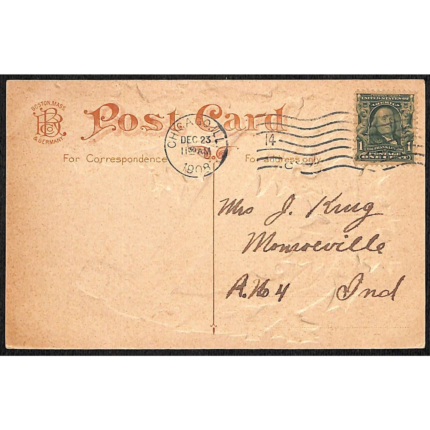 A Merry Christmas Postcard Horseshoe Holly Embossed PM 1908