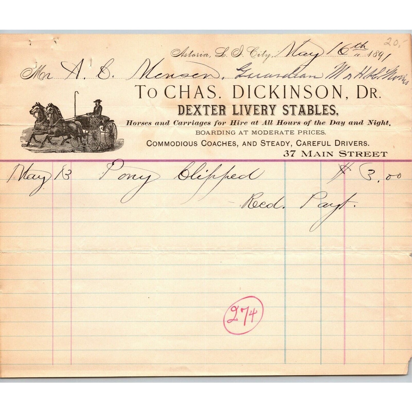 1891 Astoria, LIC, NY Letterhead Chas. Dickinson Dexter Livery Stables Horses