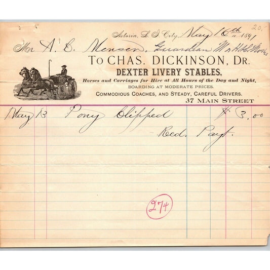 1891 Astoria, LIC, NY Letterhead Chas. Dickinson Dexter Livery Stables Horses