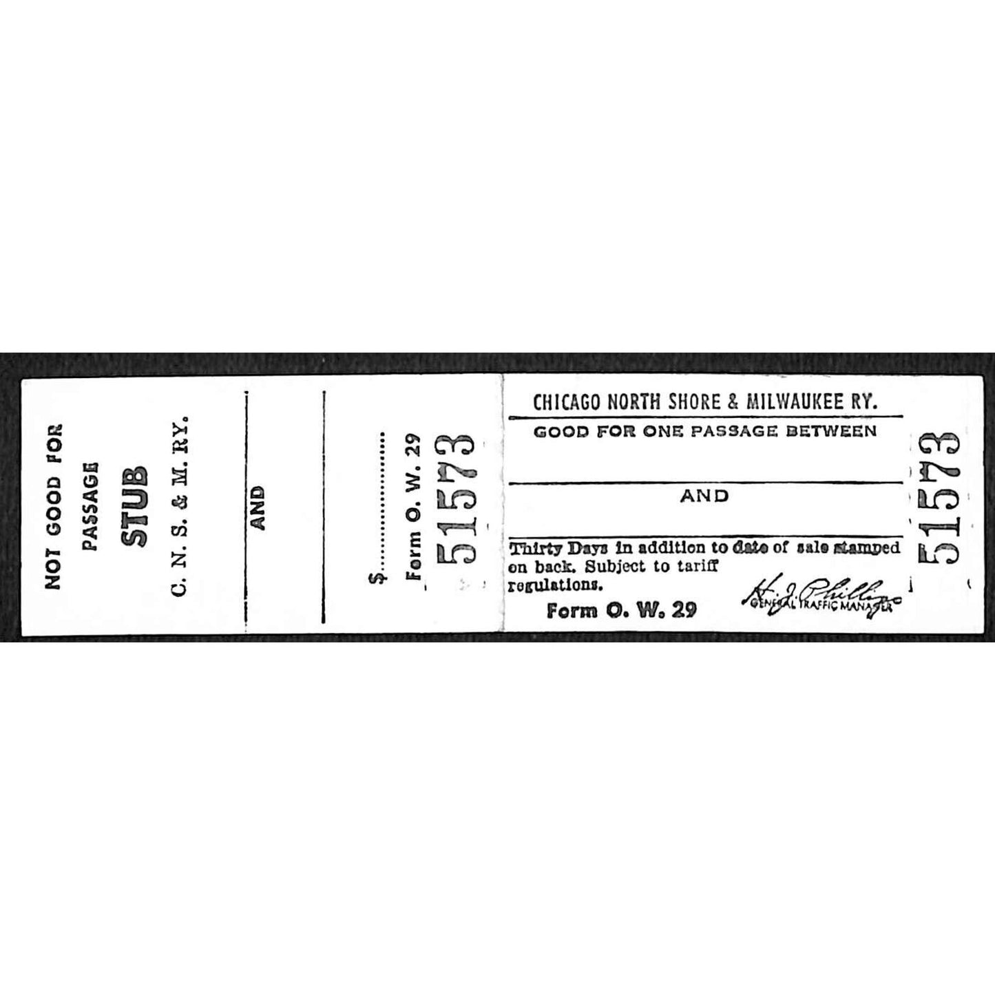 Chicago North Shore & Milwaukee RY Write-In Ticket w/ Stub #51573
