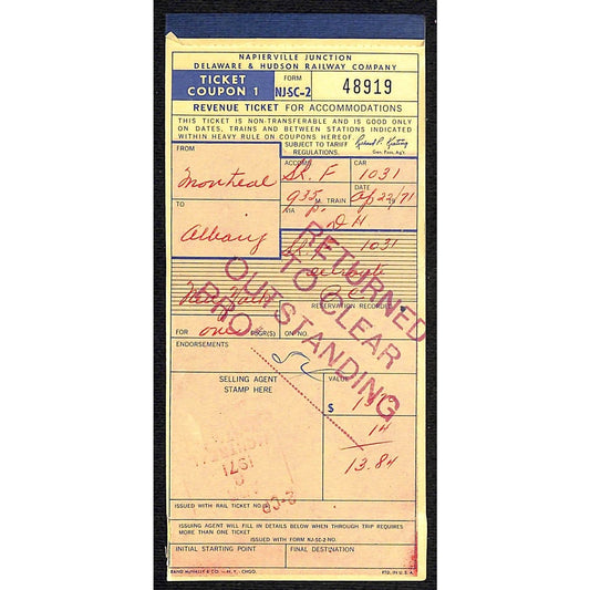 Napierville Junction Delaware & Hudson Railway 1971 Ticket Booklet No Frt. Cover