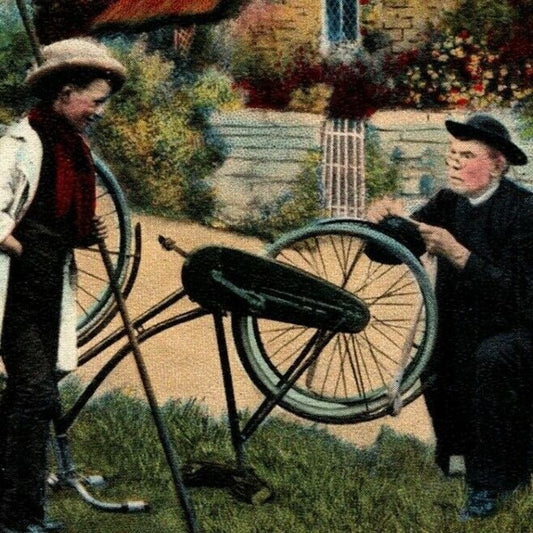 Vintage Postcard c1910 "Rustic Youth.. Don't Send It There..." Repairing Bicycle