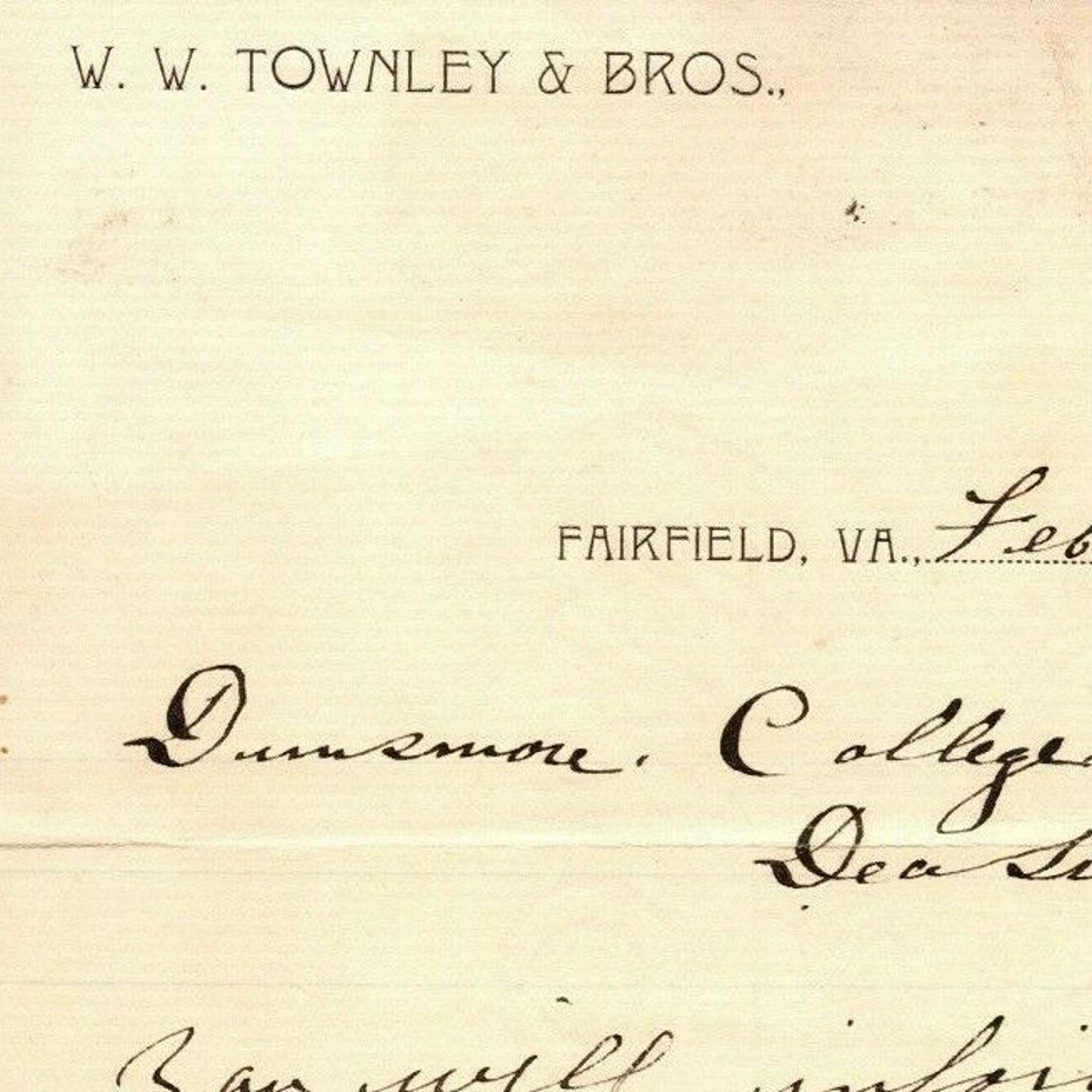 1901 Scarce W.W. Townley & Bros. Hardware? Fairfield, VA Letterhead