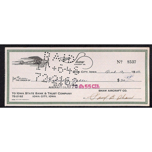 Iowa City, IA Shaw Aircraft Co. 1946 Bank Check - w/ Flying Prop Plane Art