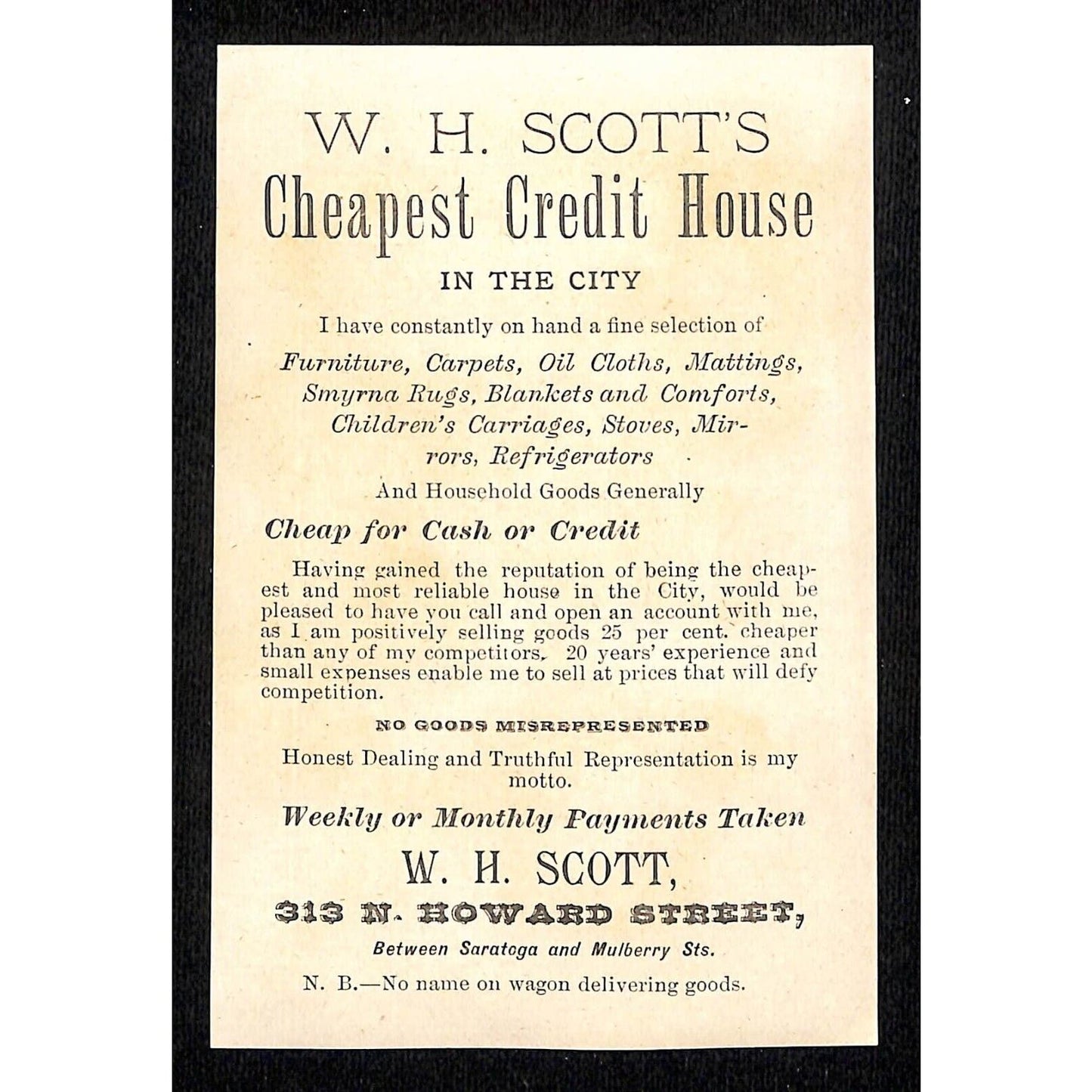 W.H. Scott / N. Howard St. (Baltimore) Victorian Trade Card Boy on Giant Leaf