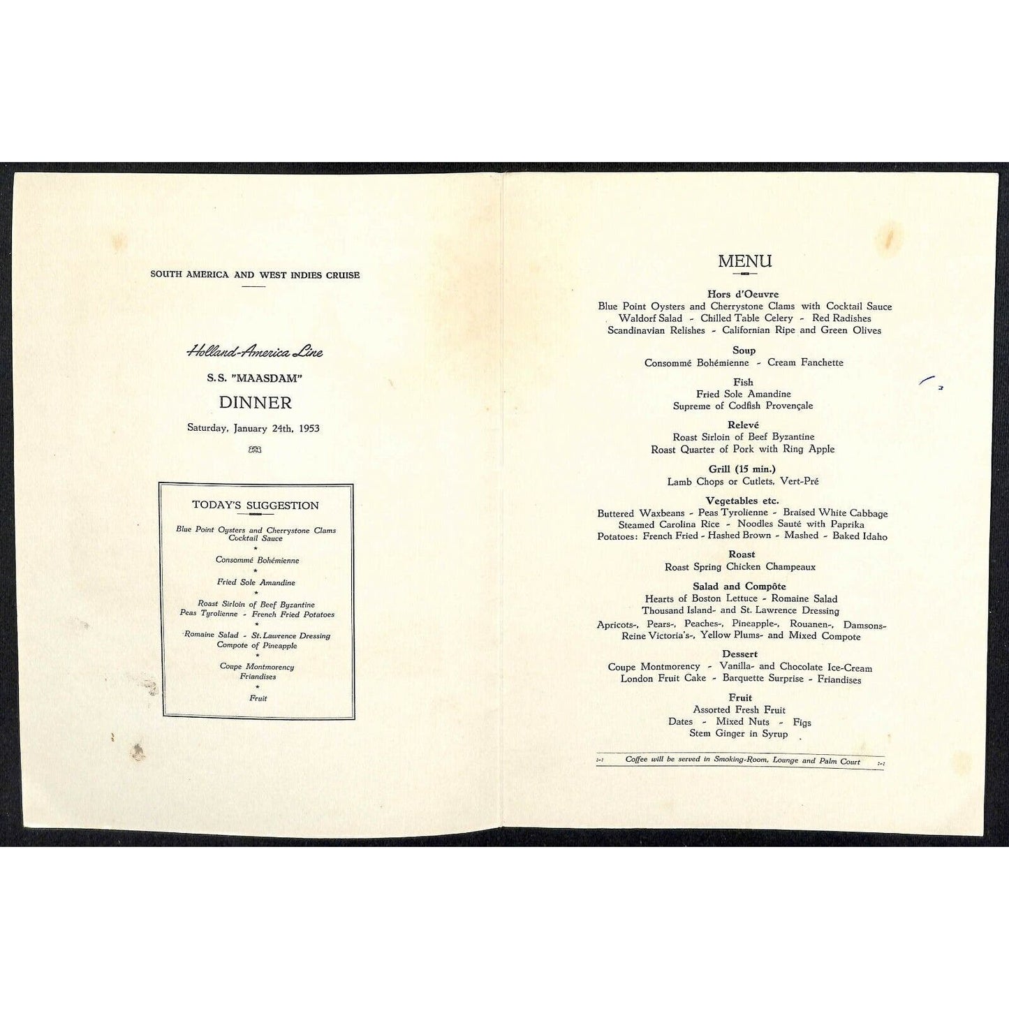 1953 Holland-America Maasdam West Indies Cruise Line Dinner Menu Jan 24 VGC