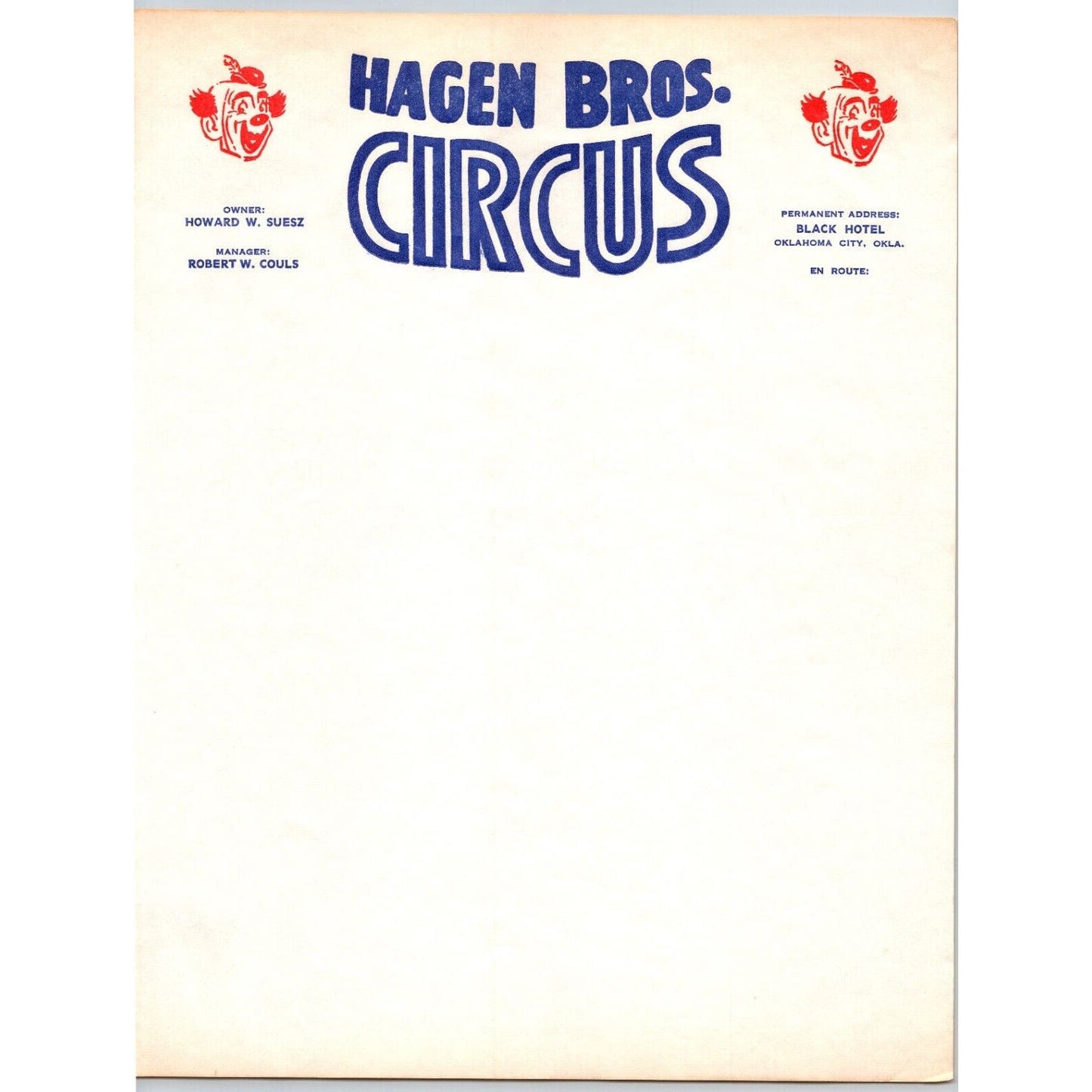 Hagen Bros. Circus Letterhead c1955 Black Hotel Oklahoma City Scarce