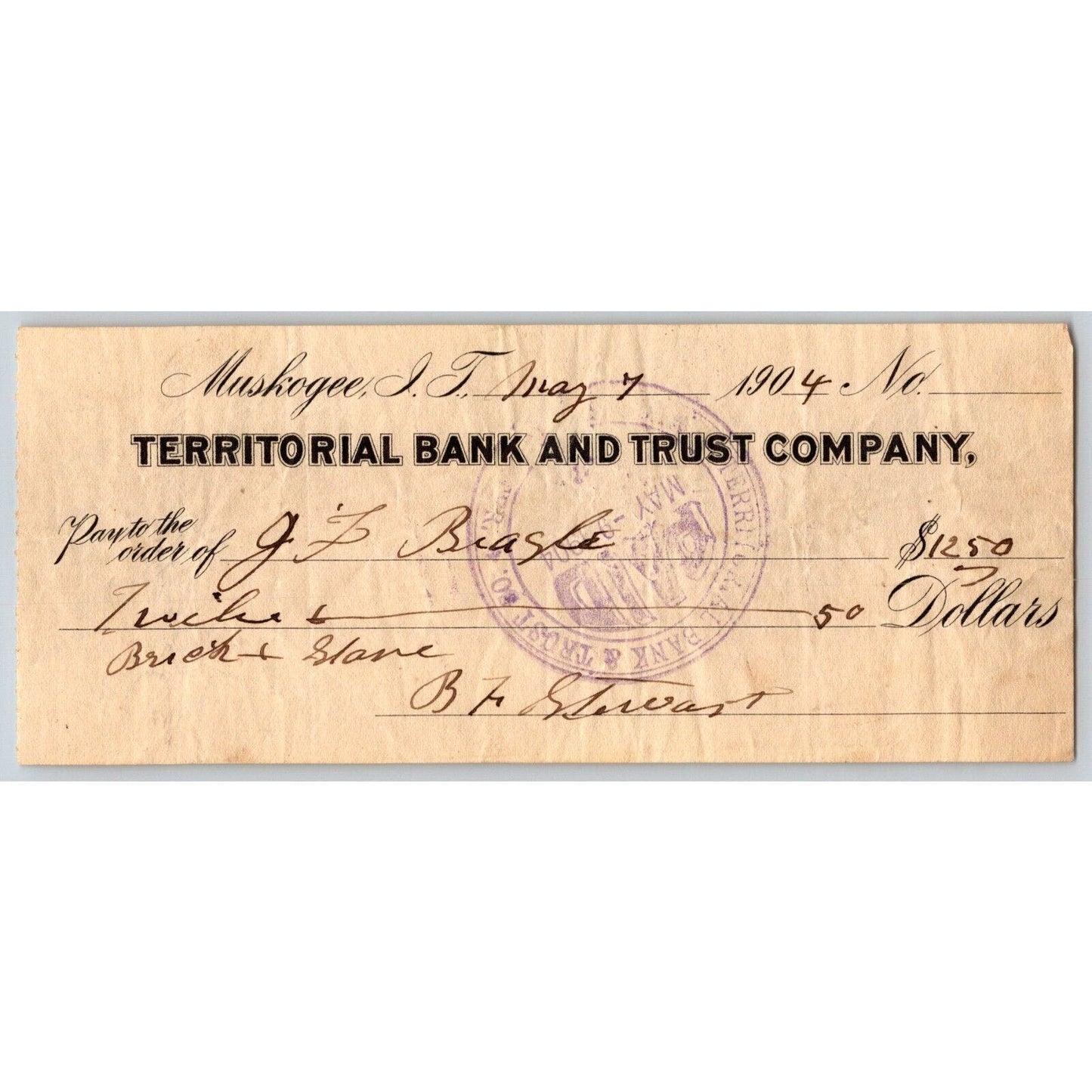 Muskogee, Oklahoma 1904 Indian Territory "Territorial Bank and Trust Co." Check
