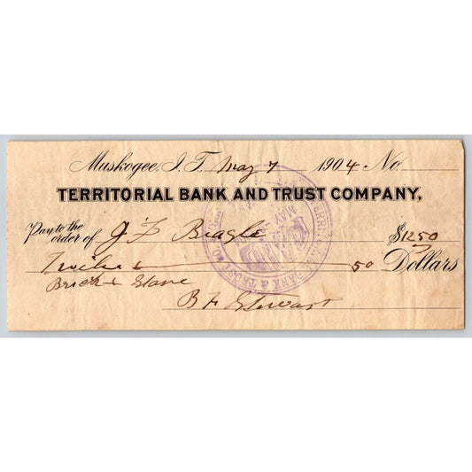 Muskogee, Oklahoma 1904 Indian Territory "Territorial Bank and Trust Co." Check