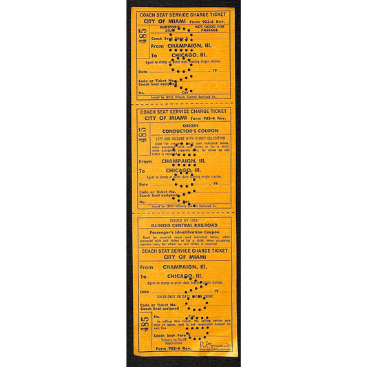 Illinois Central Railroad Void "Coach Seat Service Chg" Ticket Champaign / Miami