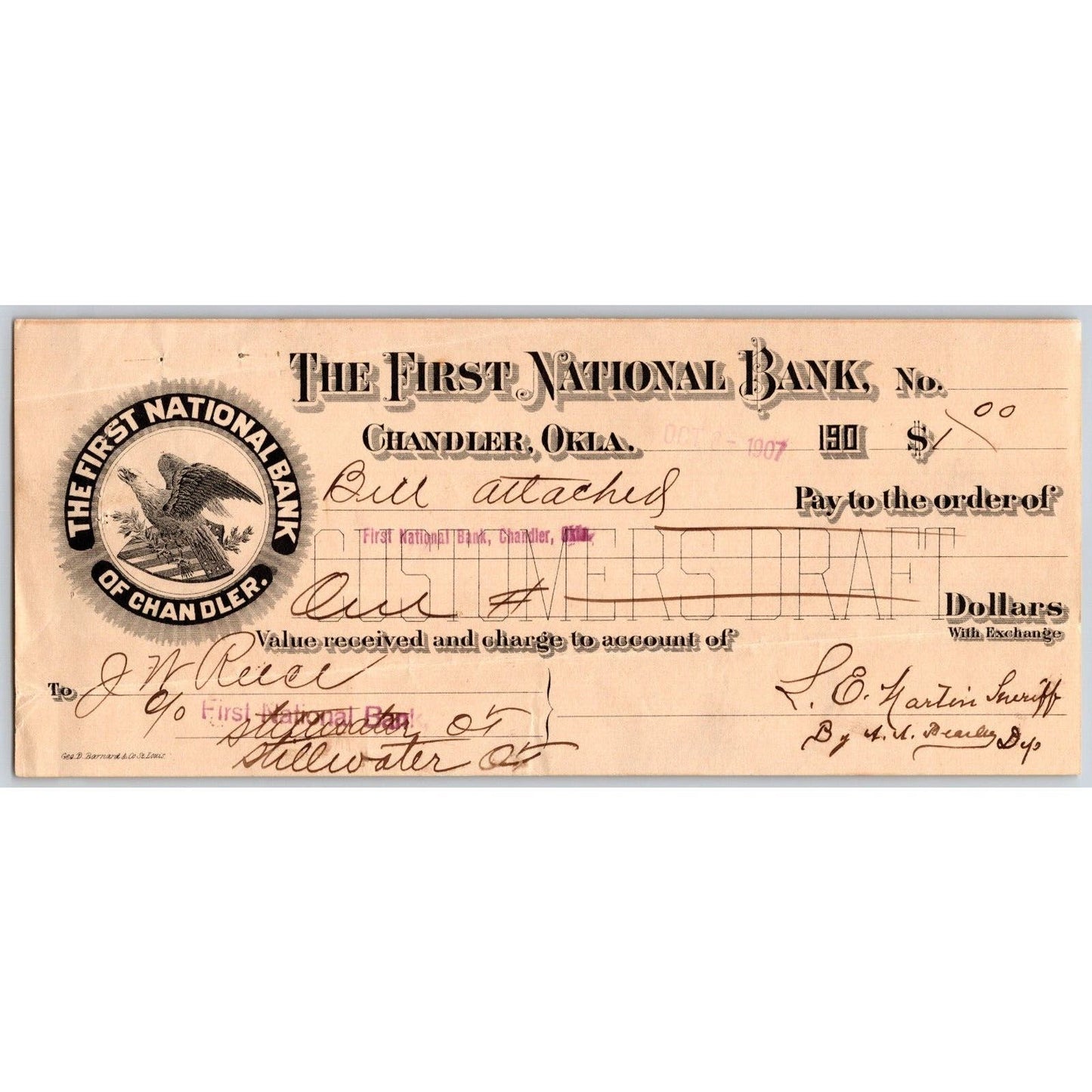 Chandler, Oklahoma 1907 Territorial FNB Bank Check w/ Eagle Very Scarce