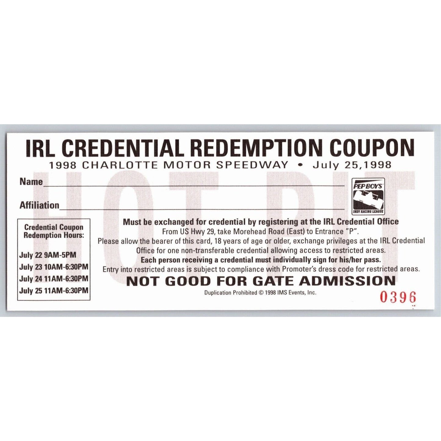 1998 Charlotte Motor Speedway IRL Credential Redemption Coupon Hot Pit VGC