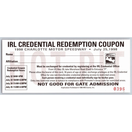 1998 Charlotte Motor Speedway IRL Credential Redemption Coupon Hot Pit VGC