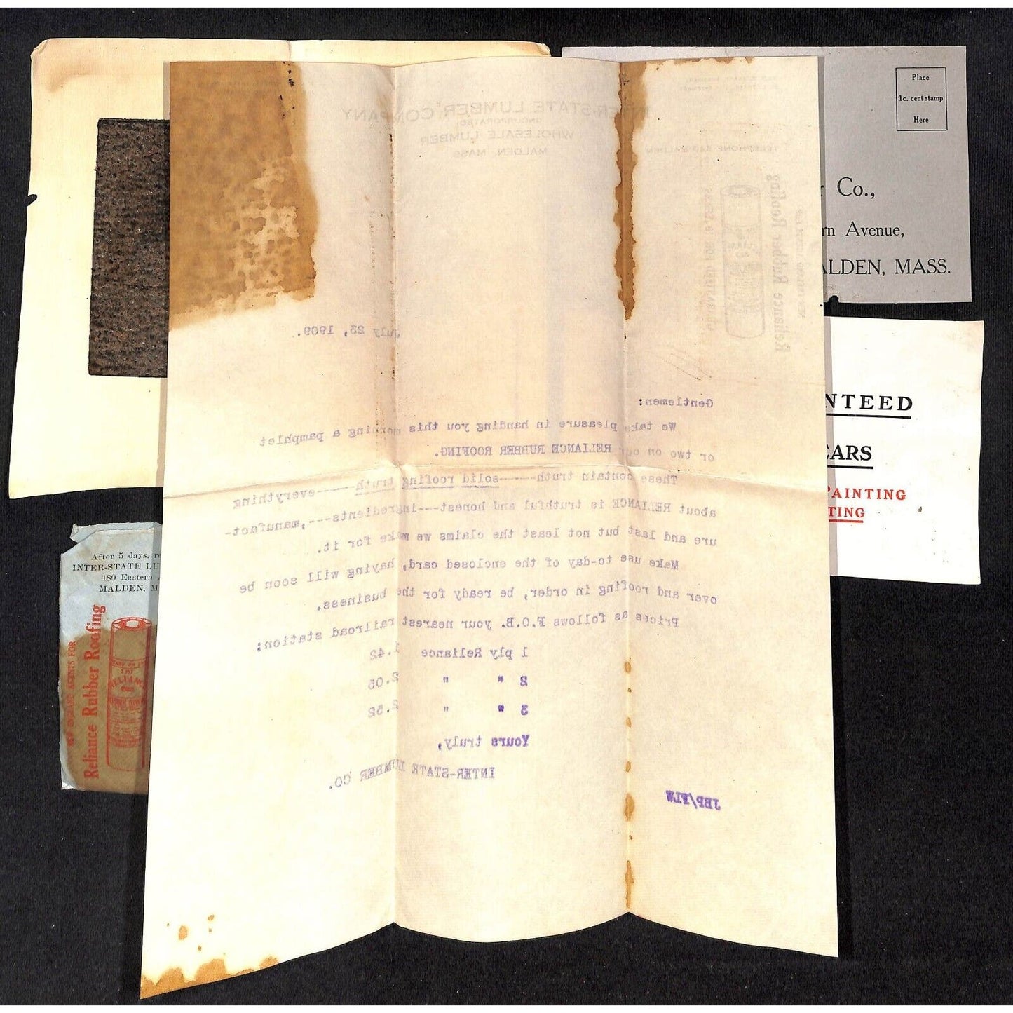 Newburgh, ME Amos W. Knowlton* 1909 Reliance Rubber Roofing Letterhead w/ Sample