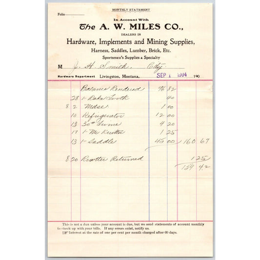 Livingston, MT A.W. Miles Hardware Mining Supplies 1904 Billhead / StatementVGC