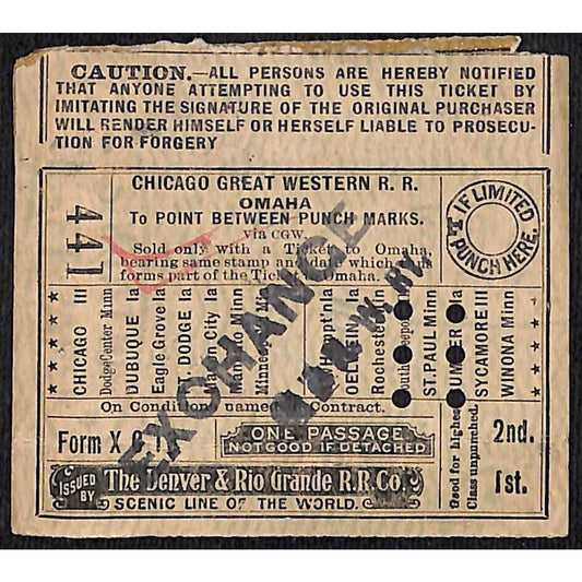 Denver & Rio Grande Railroad Ticket Omaha 1919 #441