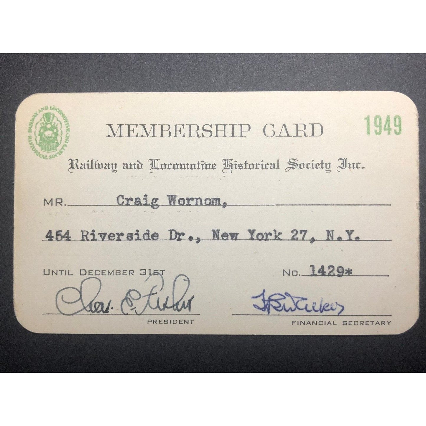 1949 Railway and Locomotive Historical Society Membership Card - Railroad