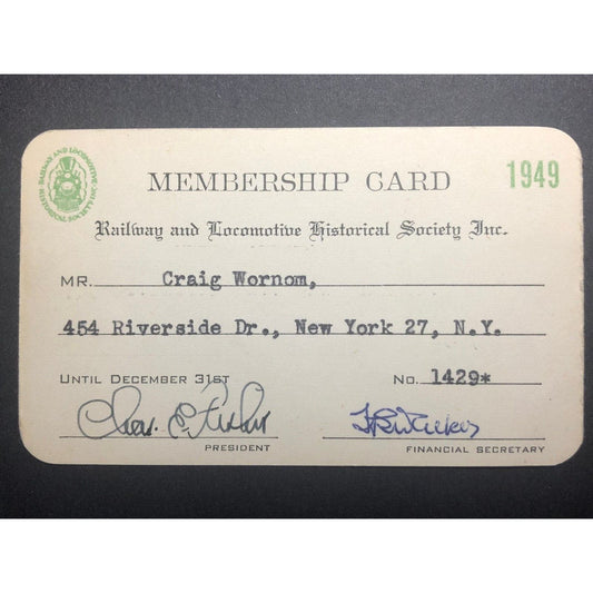 1949 Railway and Locomotive Historical Society Membership Card - Railroad