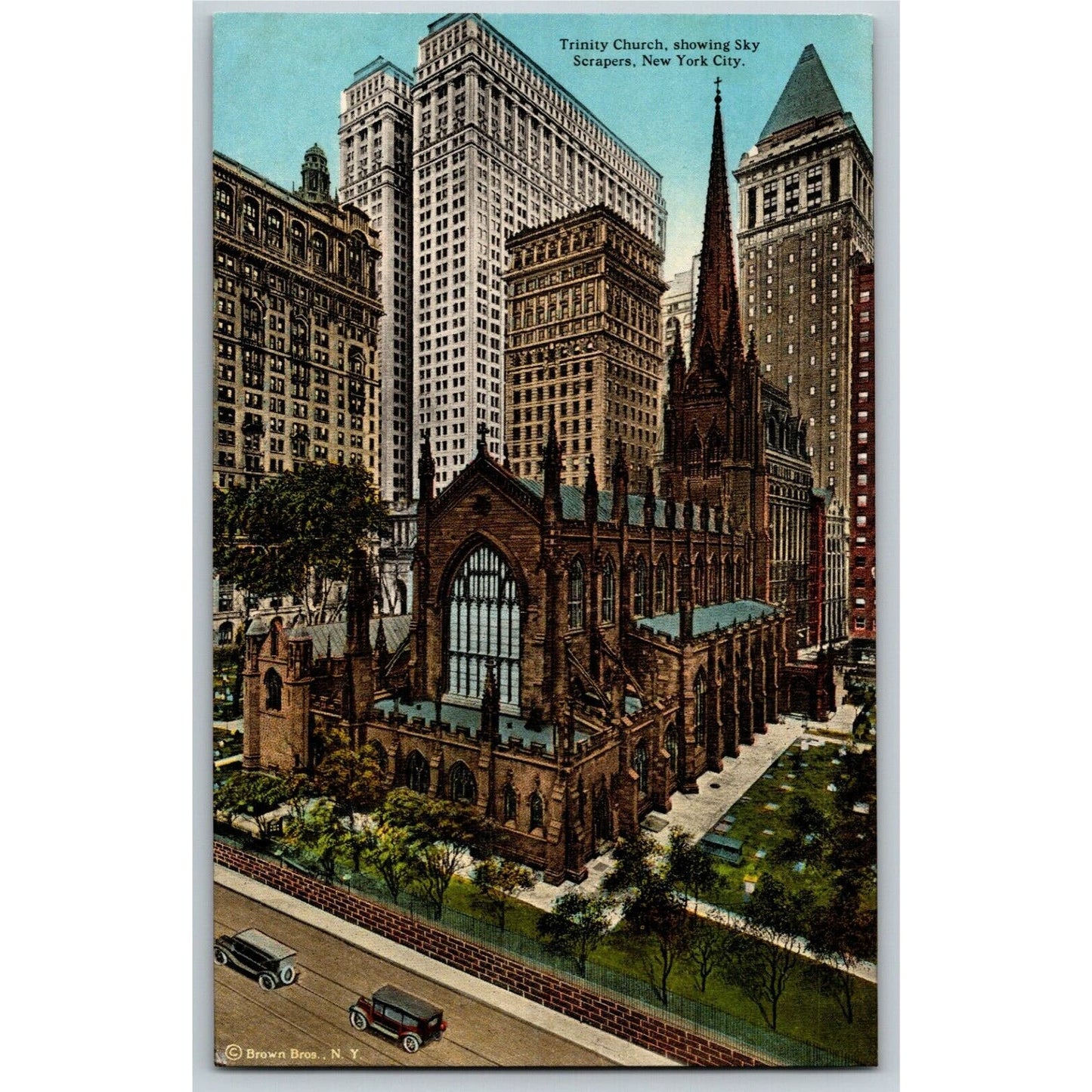 Vintage c1918-25 New York Postcard "Trinity Church, Showing Sky Scrapers"