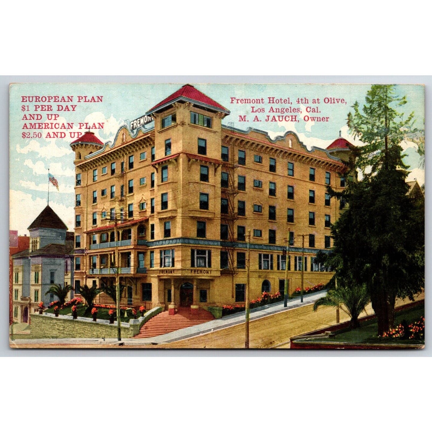Fremont Hotel Los Angeles Jauch Advertising Postcard UP c1913 w/ Prices VGC