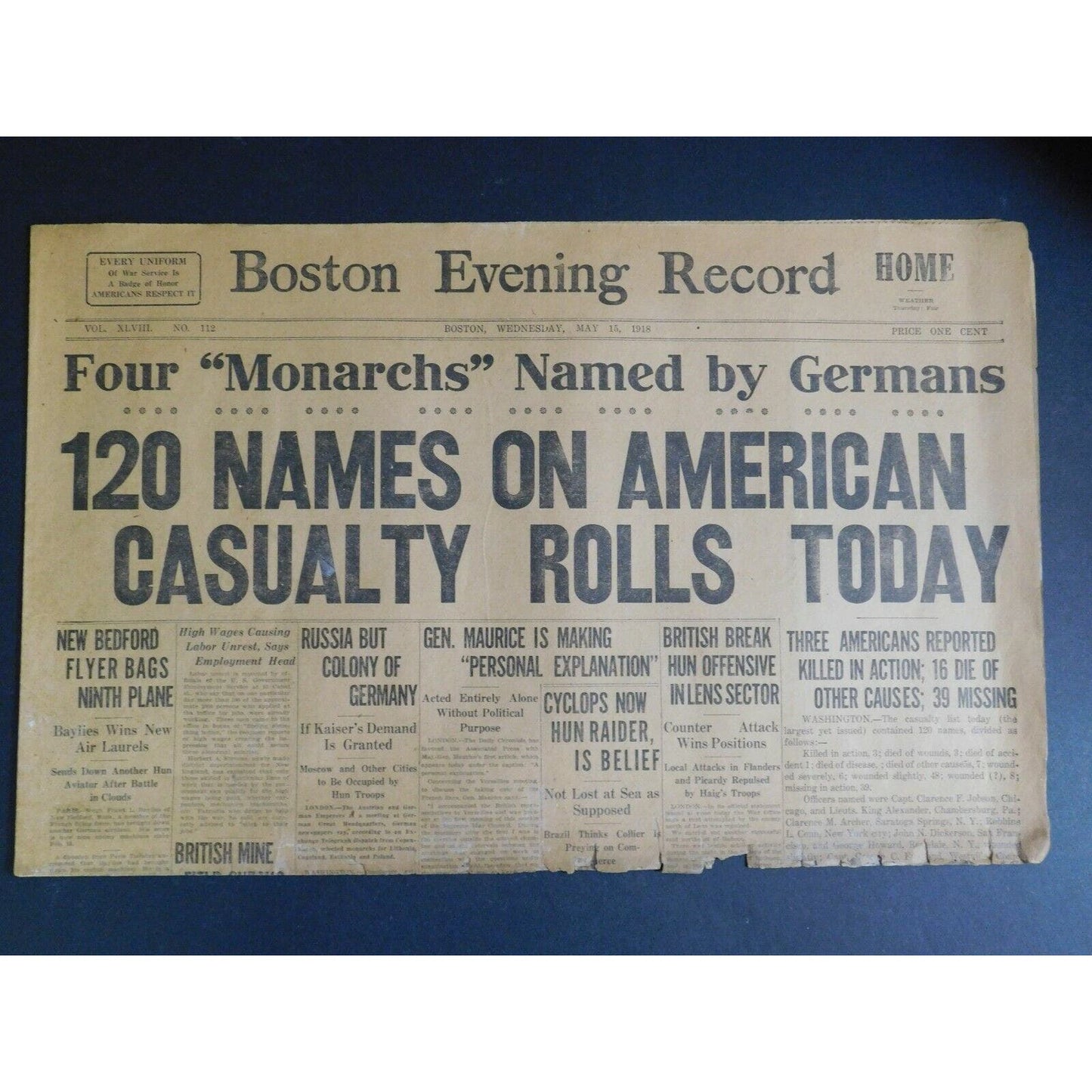 WWI Era Newspaper - Boston Evening Post - May 15 1918 - 4 pgs.