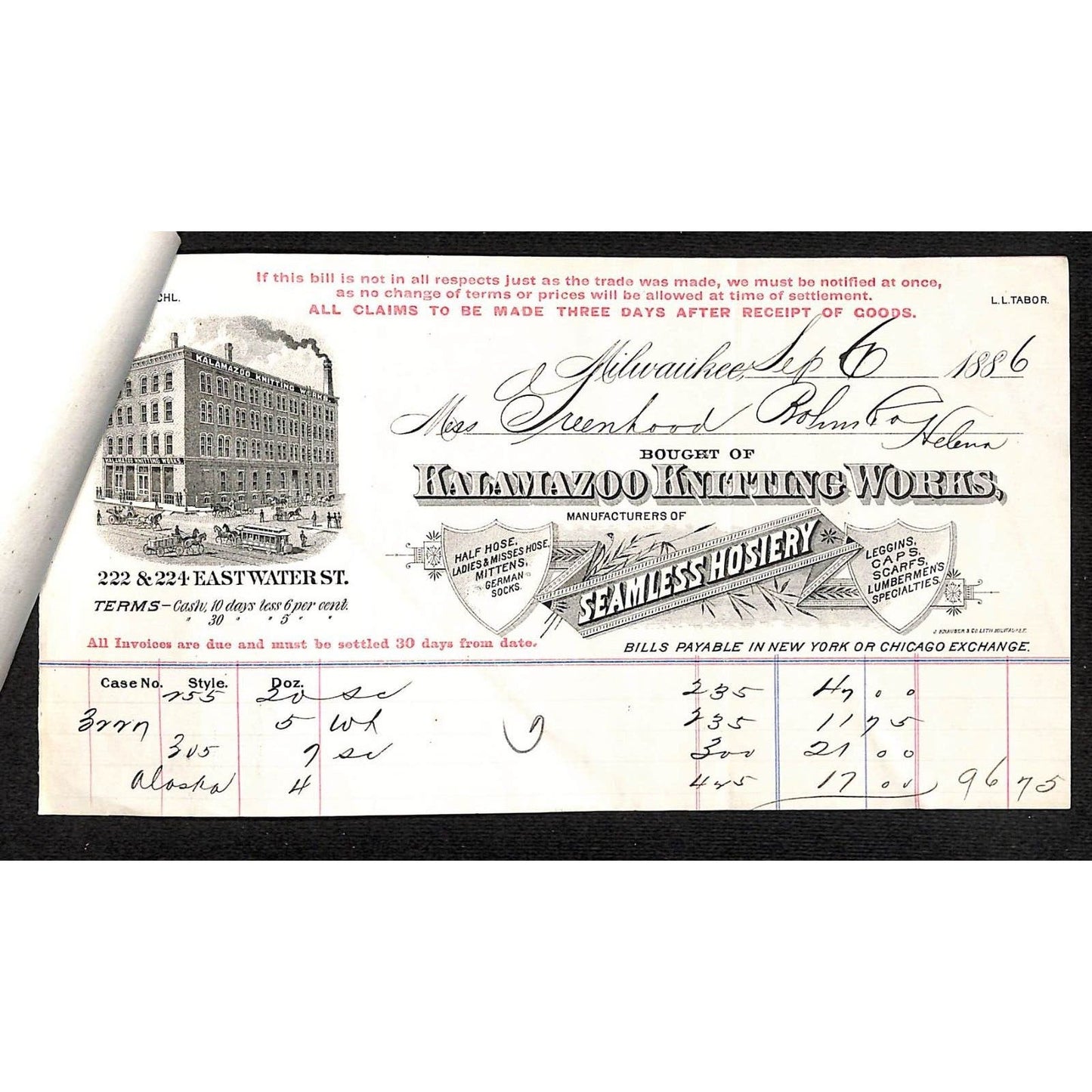 Milwaukee 1886 Kalamazoo Knitting Works Seamless Hosiery - Pair of Billheads
