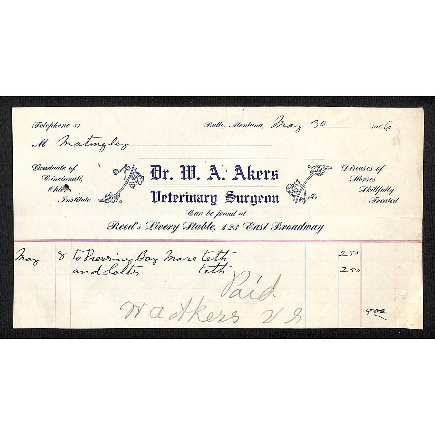 Butte MT Dr. W.A. Akers Veterinary Surgeon @ Reed's Livery Station 1906 Billhead