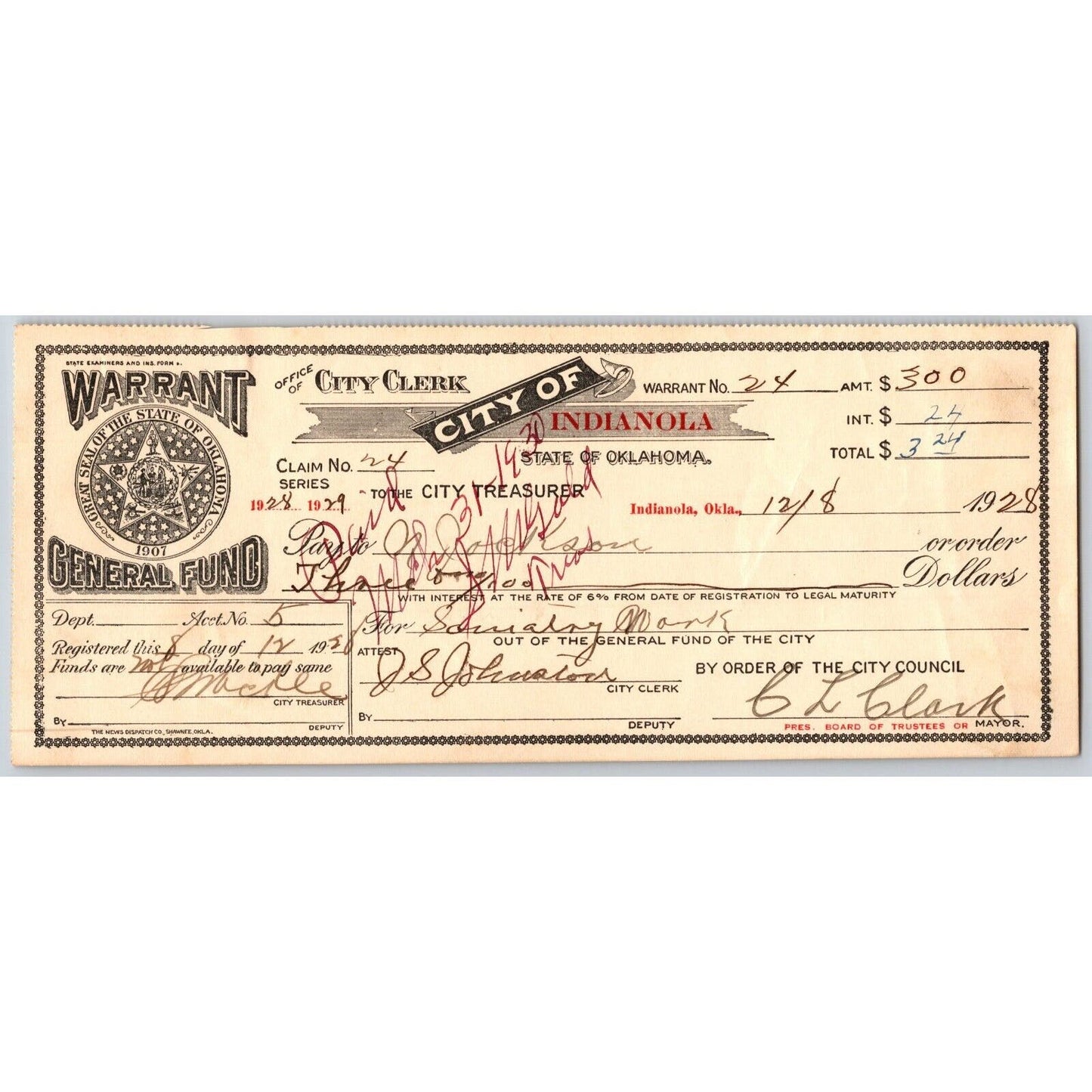 Indianola, Oklahoma 1924 City Clerk $3.24 Warrant - Scarce