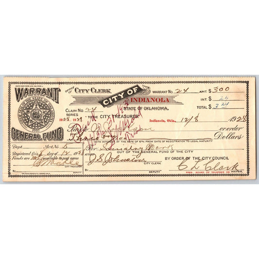 Indianola, Oklahoma 1924 City Clerk $3.24 Warrant - Scarce