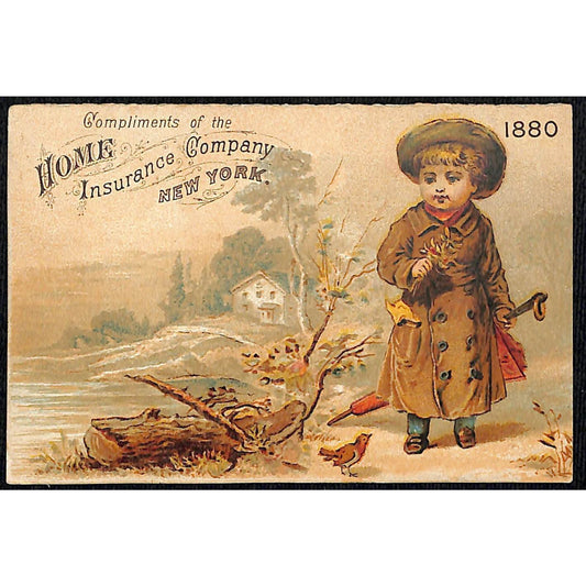 Home Insurance Co. New York Victorian Trade Card 1880 Calendar Boy Outdoors