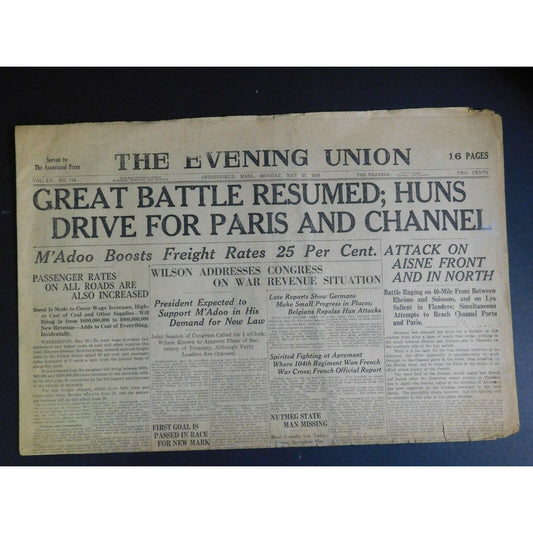 WWI Era Newspaper - The Evening Union (Springfield, MA) - May 27 1918 - 4 pgs.