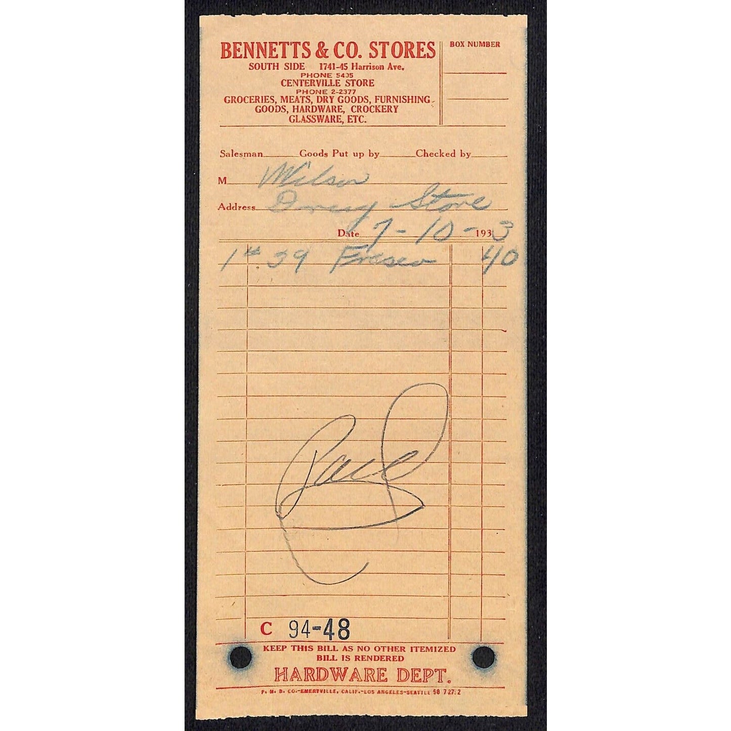 Bennetts & Co. Dept. Store Butte Montana 1933 Billhead Letterhead - Wilson Drug
