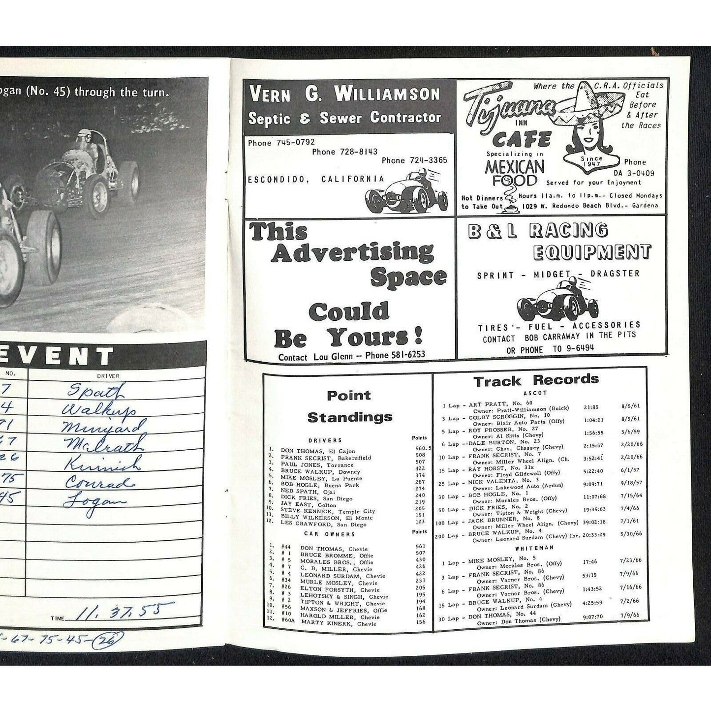 Scarce 7/27 1966 Sprint Car Auto Racing CRA Program Ascot Park Gardena 16pp.